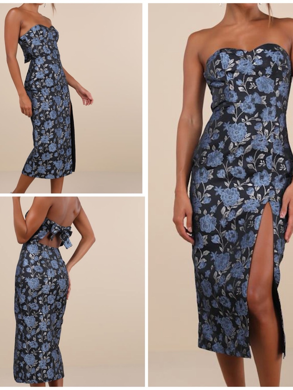 NWT Lulu’s Beloved Belle Floral Jacquard Boho Strapless Bow Midi Dress XS​